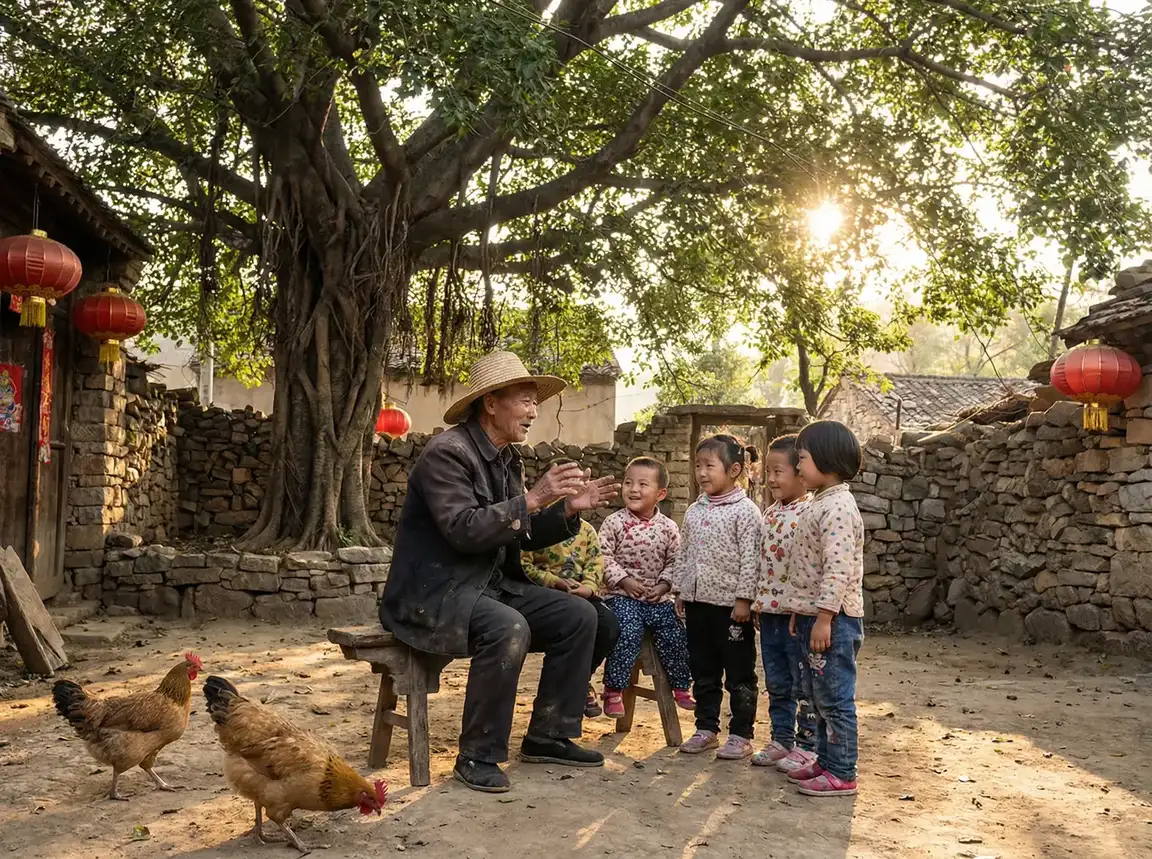 老人在大榕树下给孩子们讲故事 - 奥特曼为什么下架 乡村记忆